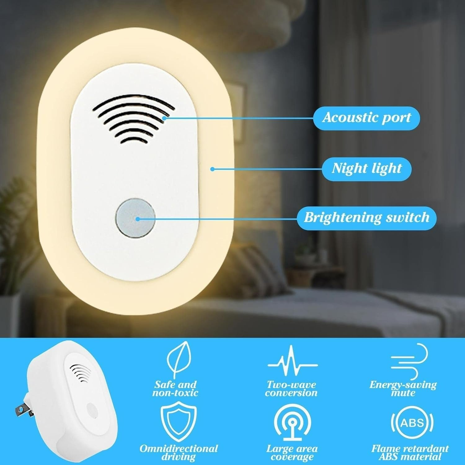 Ultrasonic Mosquito Repellent for Indoor Use with Built-in Night Light and 360-Degree Coverage
