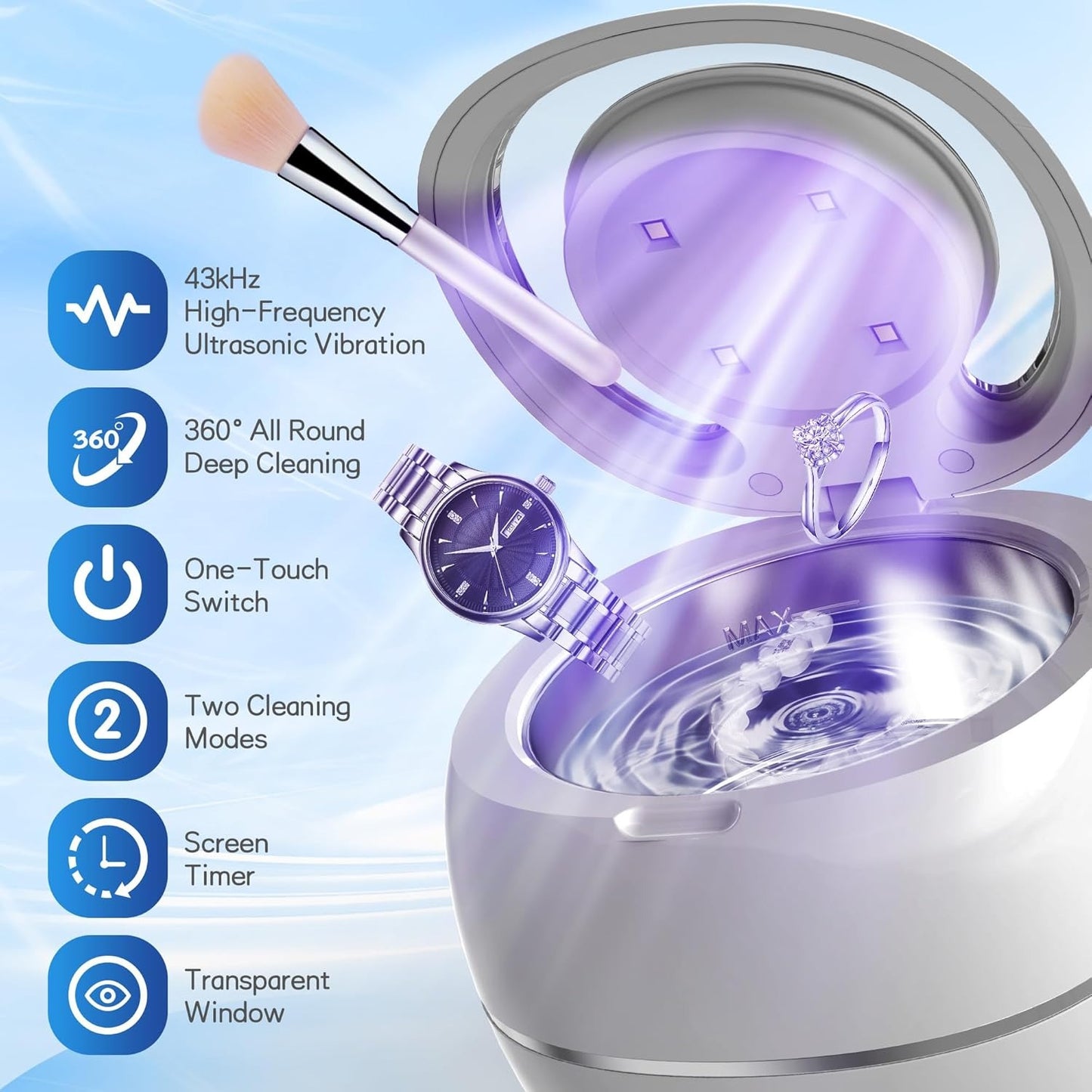 Ultrasonic Portable Denture Cleaner Machine with UV Sterilization, Dual Cleaning Modes, One-Touch Control Panel