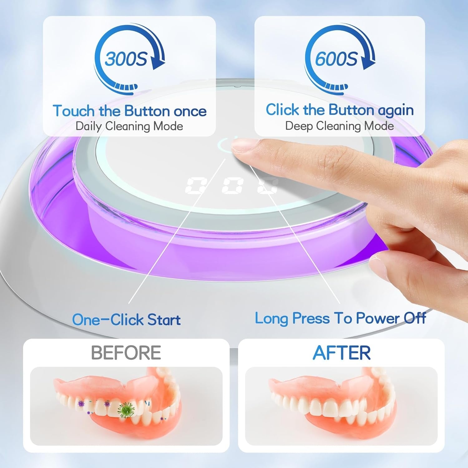 Ultrasonic Portable Denture Cleaner Machine with UV Sterilization, Dual Cleaning Modes, One-Touch Control Panel