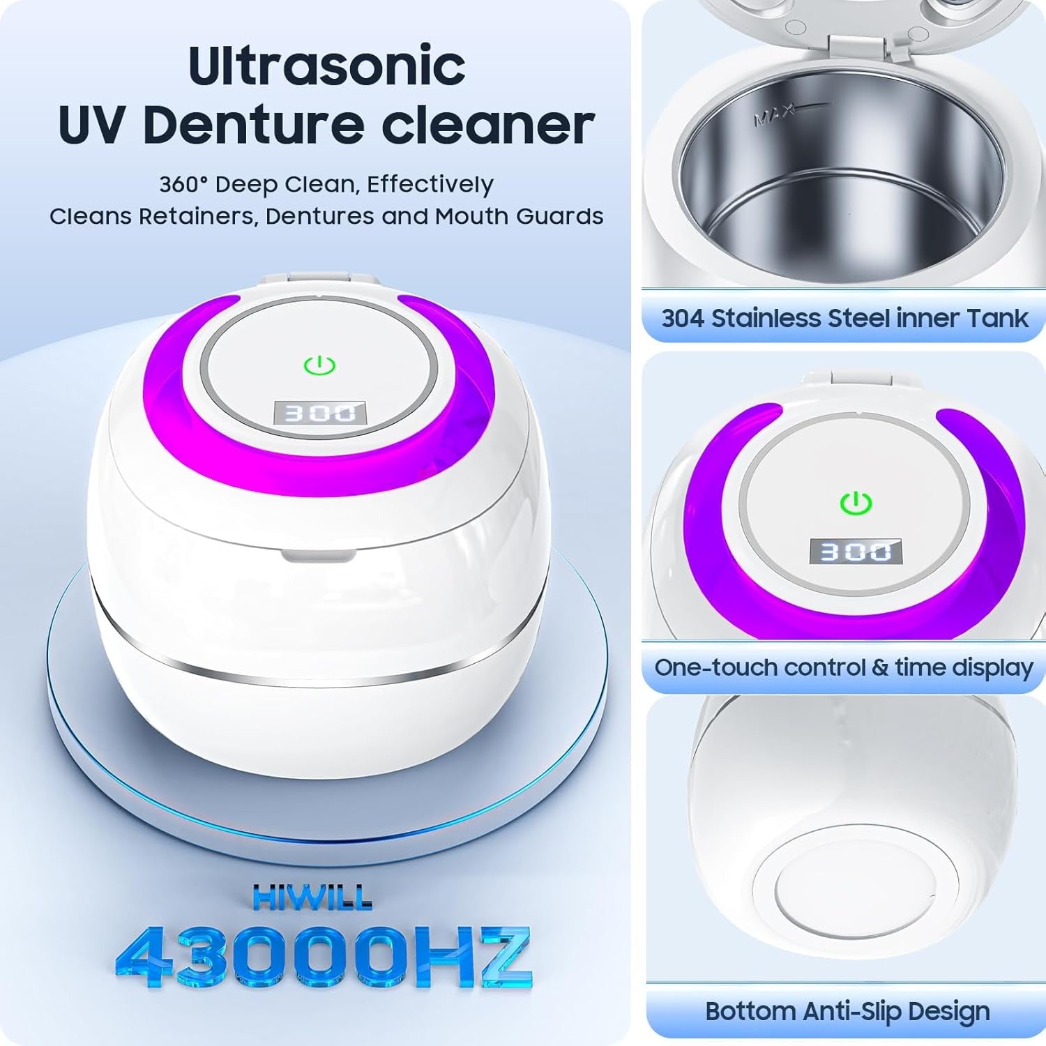 Ultrasonic Portable Denture Cleaner Machine with UV Sterilization, Dual Cleaning Modes, One-Touch Control Panel