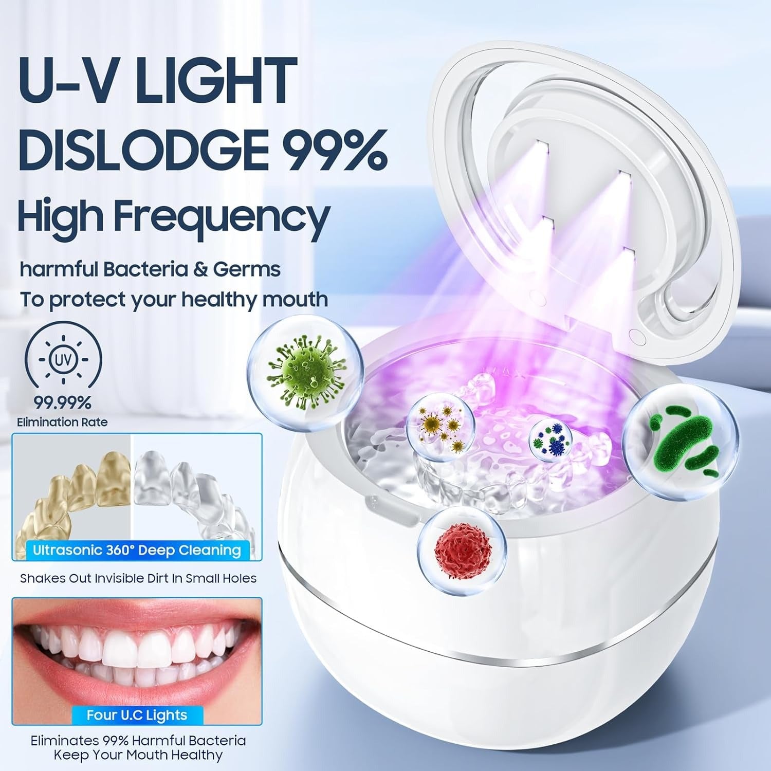 Ultrasonic Portable Denture Cleaner Machine with UV Sterilization, Dual Cleaning Modes, One-Touch Control Panel
