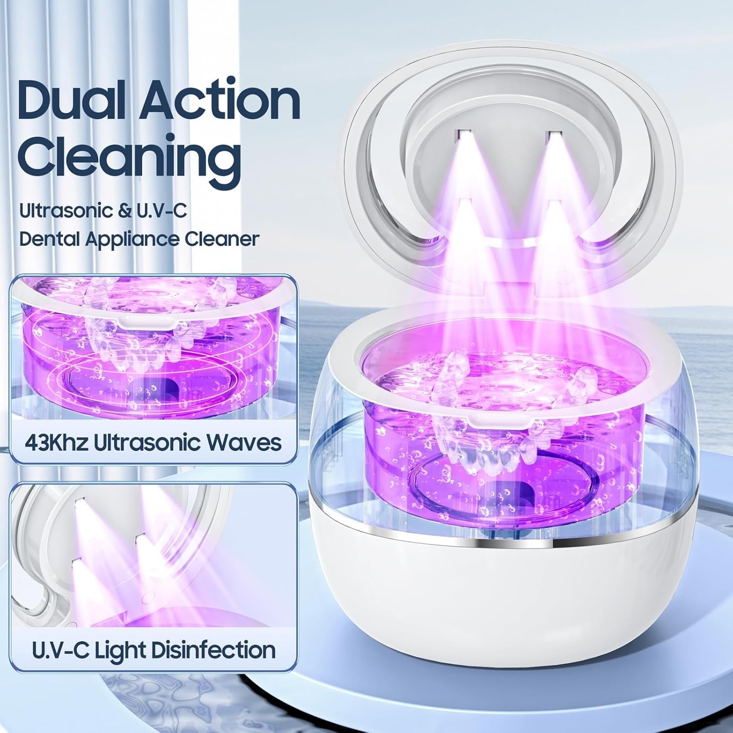 Ultrasonic Portable Denture Cleaner Machine with UV Sterilization, Dual Cleaning Modes, One-Touch Control Panel