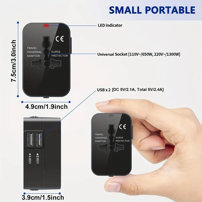 Universal Travel Adapter with USB Ports, Overload Protection, Multistandard Socket Outlet