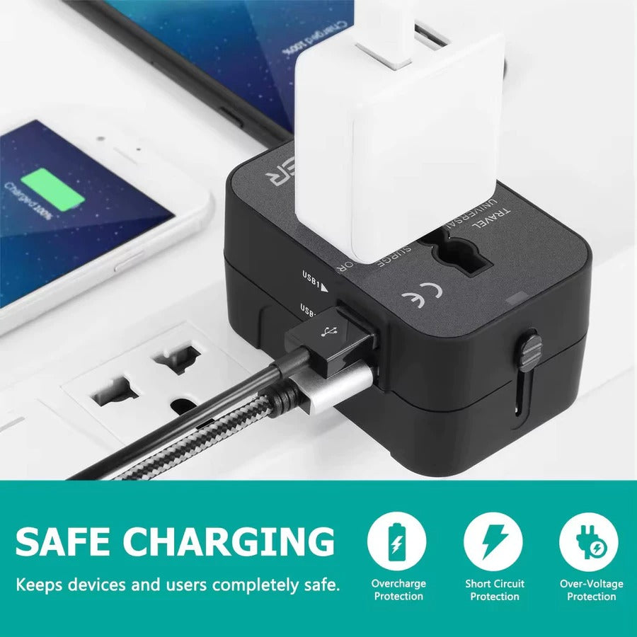 Universal Travel Adapter with USB Ports, Overload Protection, Multistandard Socket Outlet