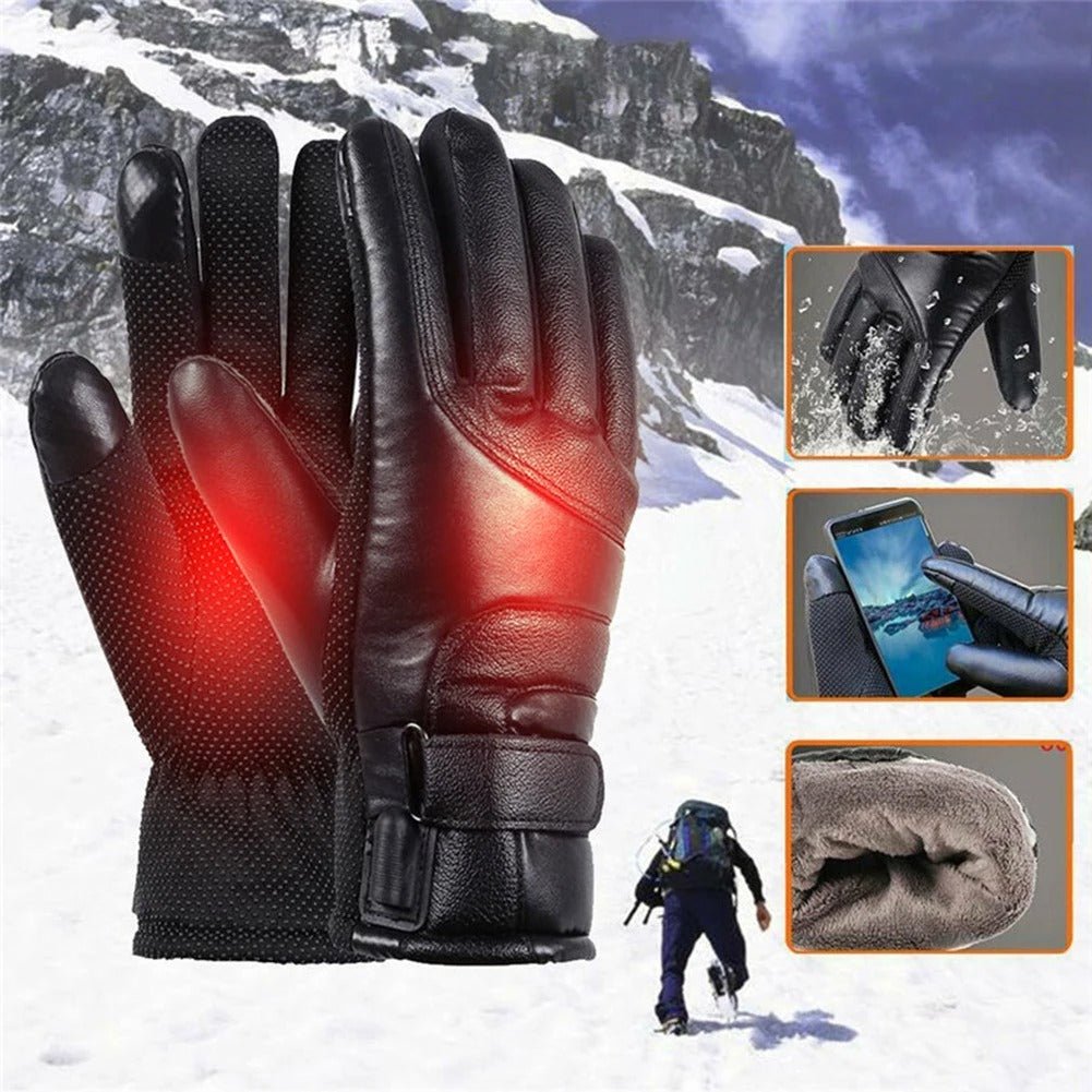 USB Heated Waterproof Leather Gloves for Winter Outdoor Sports