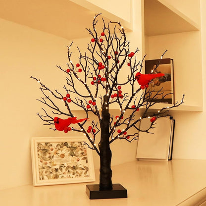 Vintage Glowing Tree with Cardinals – Soft Lighting, Stable Base, Fixed Ornaments, Powered Operation
