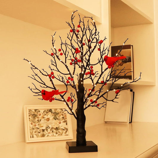 Vintage Glowing Tree with Cardinals – Soft Lighting, Stable Base, Fixed Ornaments, Powered Operation