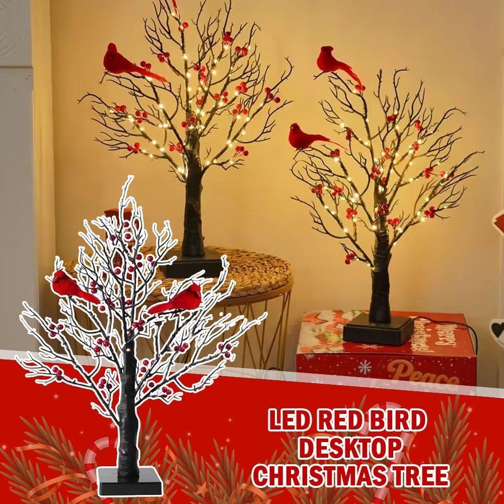 Vintage Glowing Tree with Cardinals – Soft Lighting, Stable Base, Fixed Ornaments, Powered Operation