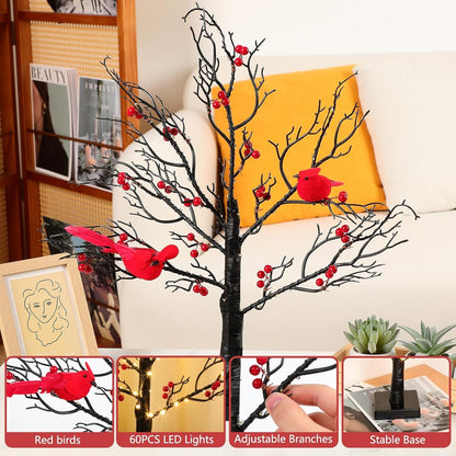 Vintage Glowing Tree with Cardinals – Soft Lighting, Stable Base, Fixed Ornaments, Powered Operation