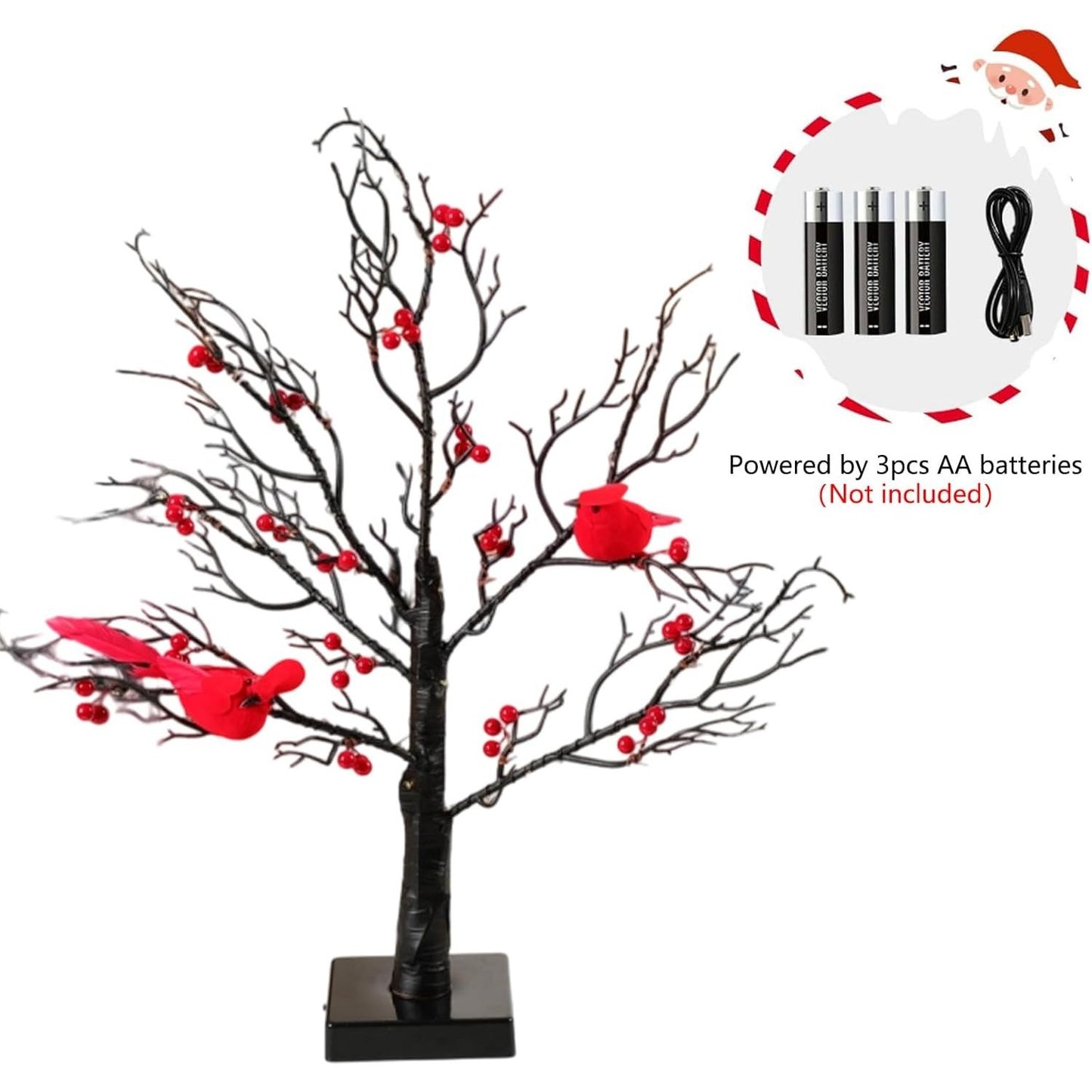 Vintage Glowing Tree with Cardinals – Soft Lighting, Stable Base, Fixed Ornaments, Powered Operation