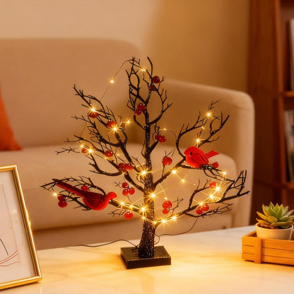 Vintage Glowing Tree with Cardinals – Soft Lighting, Stable Base, Fixed Ornaments, Powered Operation