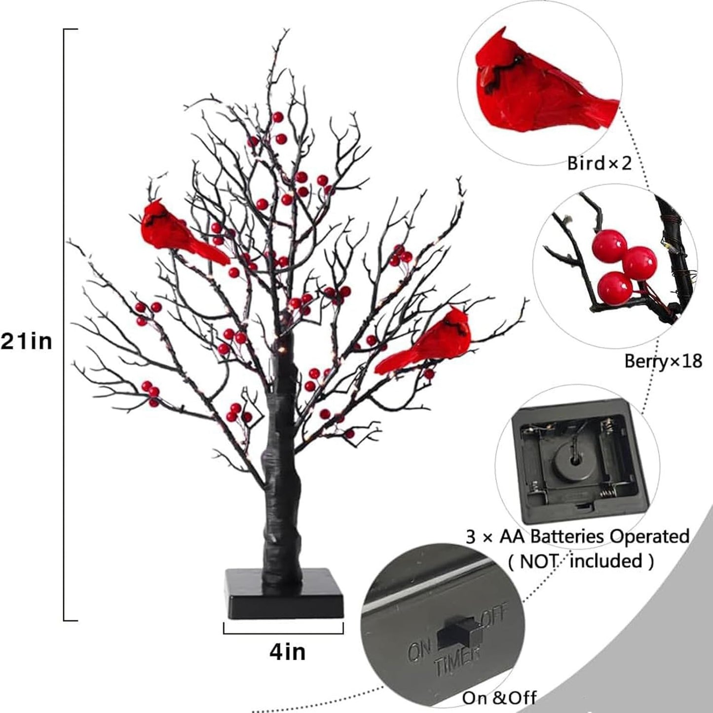 Vintage Glowing Tree with Cardinals – Soft Lighting, Stable Base, Fixed Ornaments, Powered Operation
