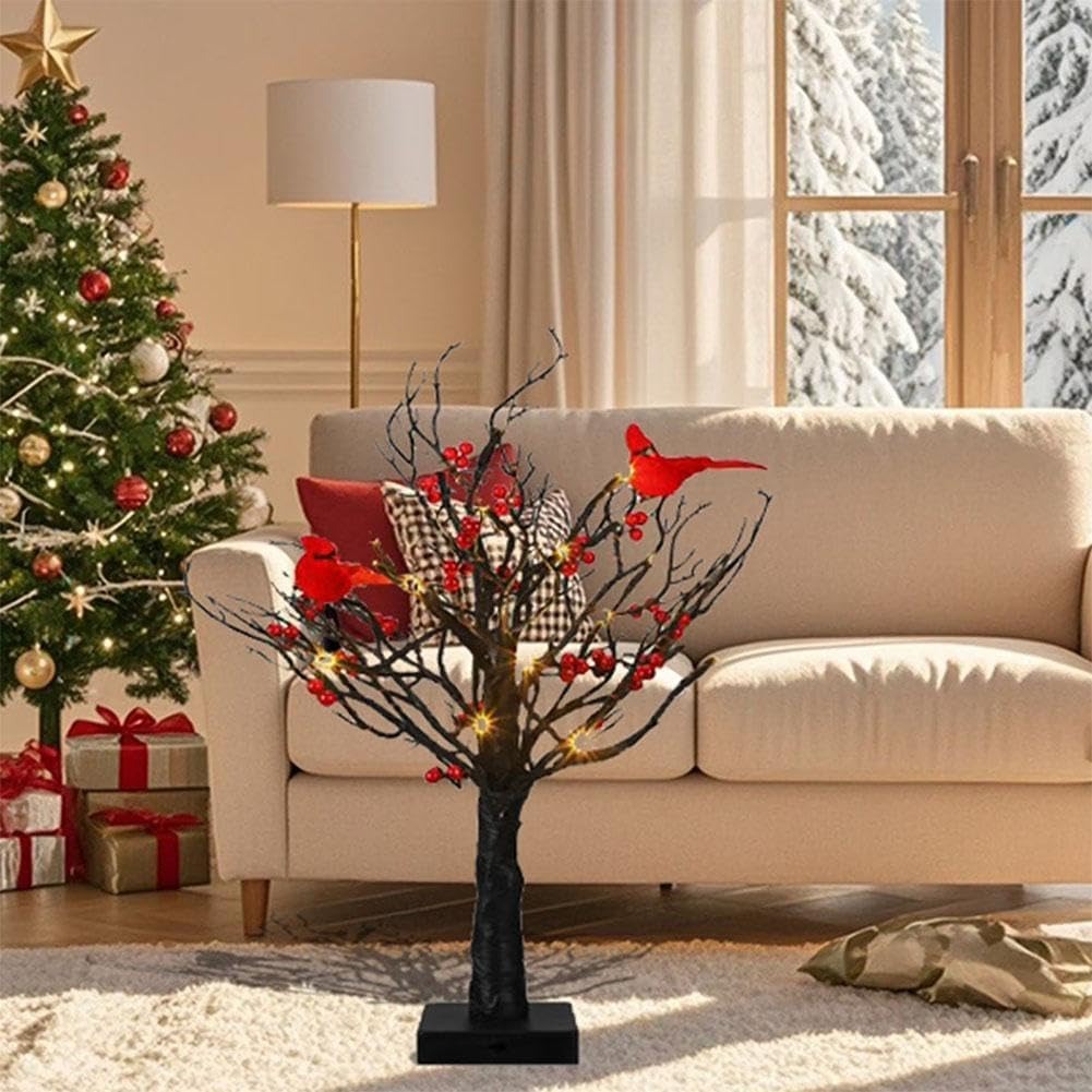 Vintage Glowing Tree with Cardinals – Soft Lighting, Stable Base, Fixed Ornaments, Powered Operation