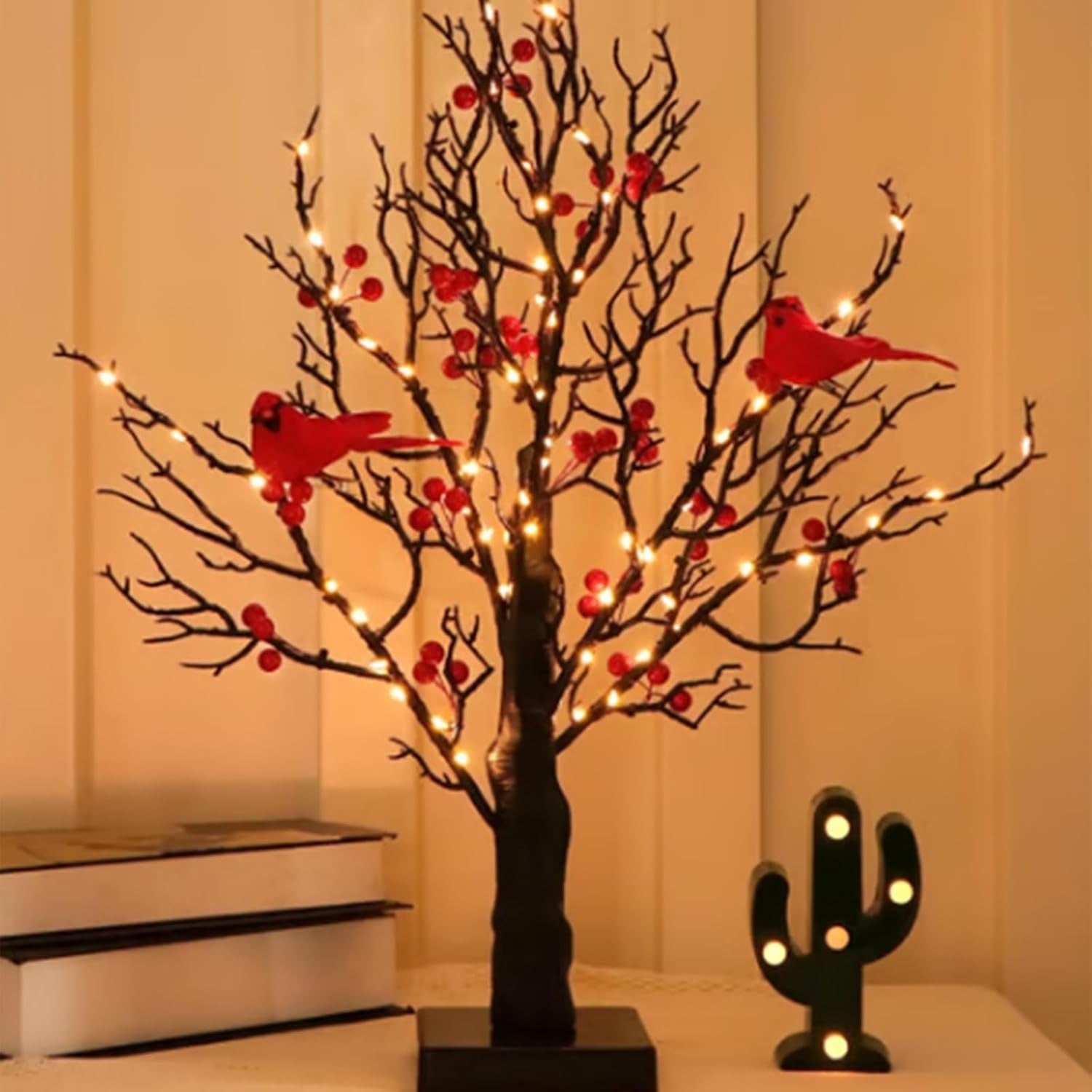 Vintage Glowing Tree with Cardinals – Soft Lighting, Stable Base, Fixed Ornaments, Powered Operation