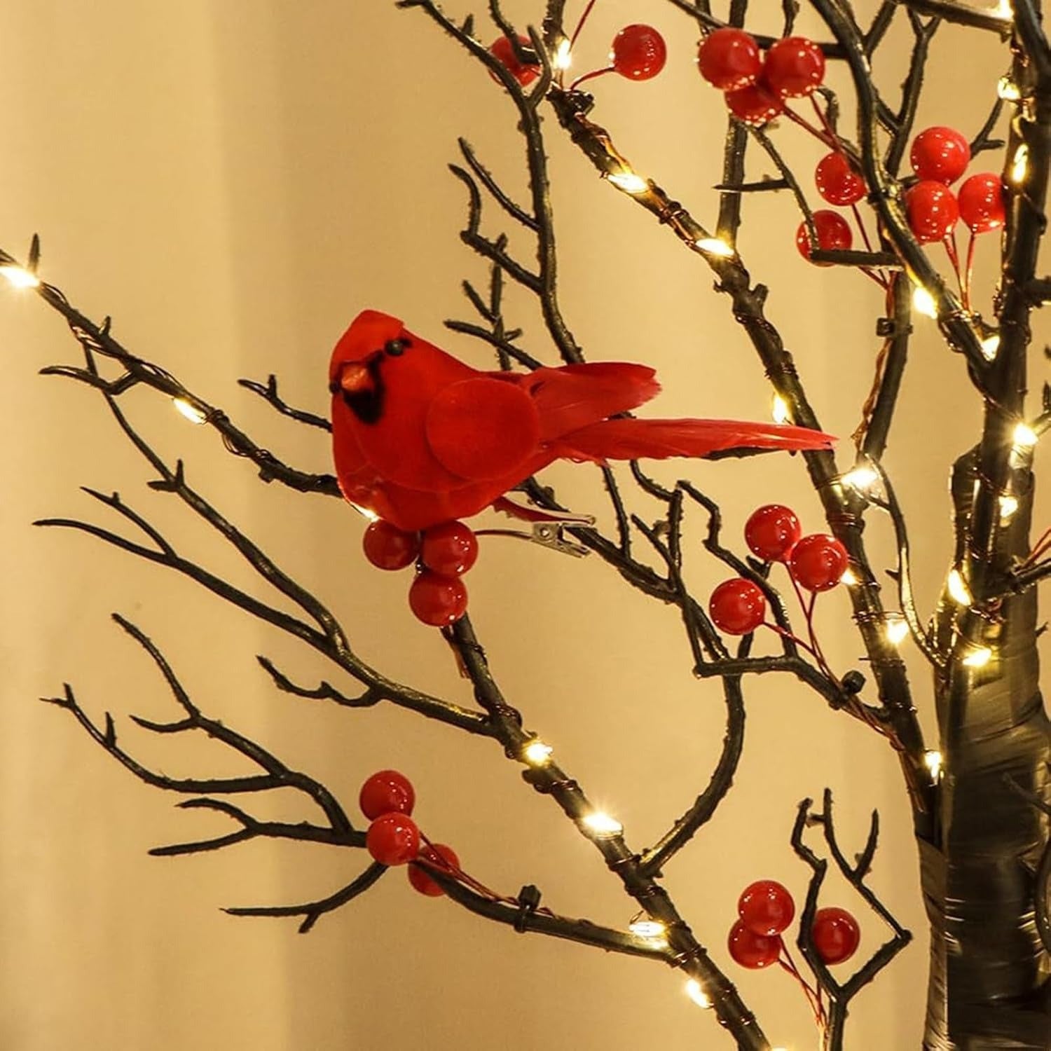 Vintage Glowing Tree with Cardinals – Soft Lighting, Stable Base, Fixed Ornaments, Powered Operation