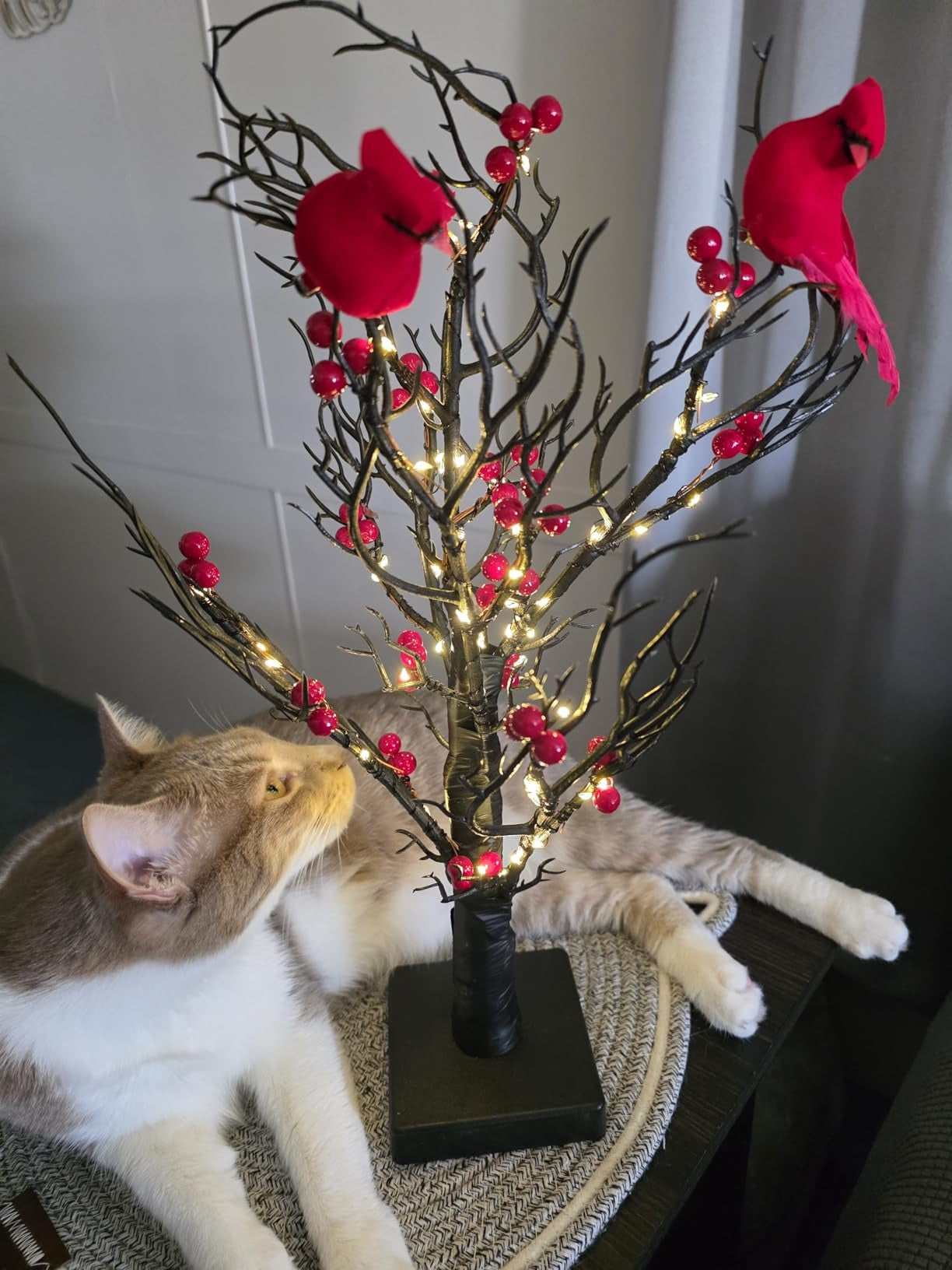 Vintage Glowing Tree with Cardinals – Soft Lighting, Stable Base, Fixed Ornaments, Powered Operation
