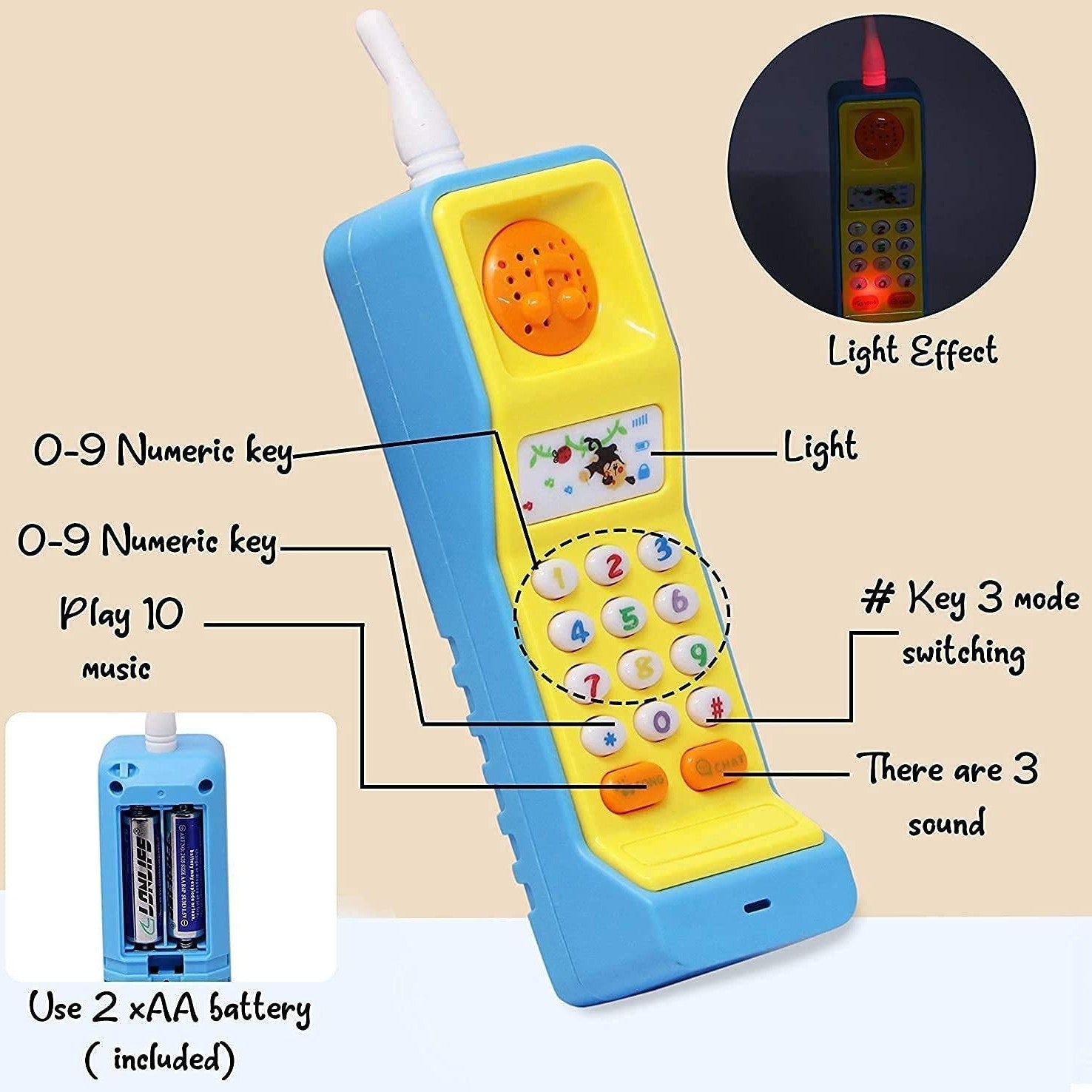 Vintage Learning Phone with Sound Effects, Flashing Lights, Simulated Phone Calls and Easy to Hold, Safe for Months 18+