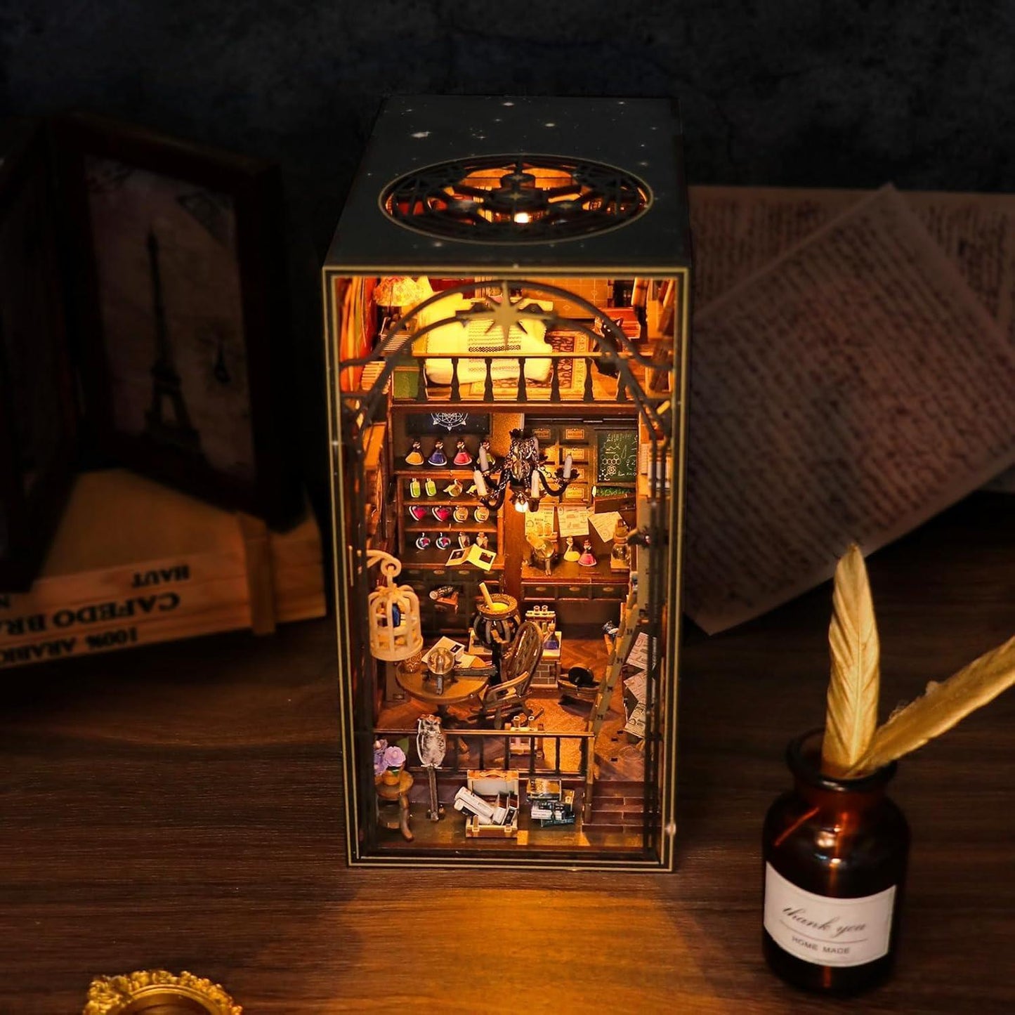 Wooden 3D DIY Book Nook Kit Micro Scene Magic Bookstore Book Stand with LED