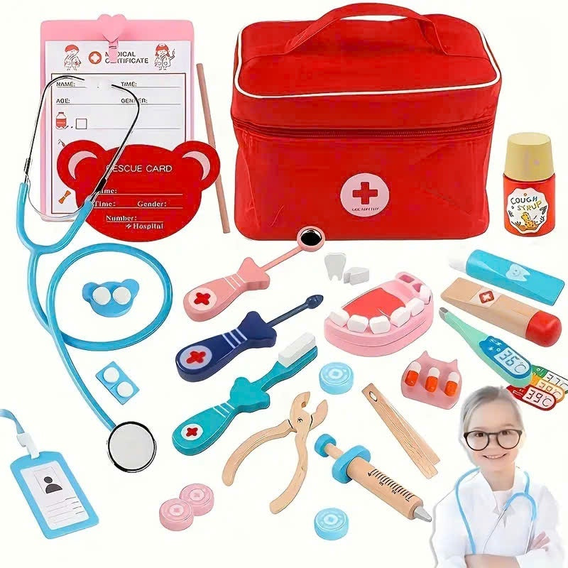 Wooden Doctor Kit with Carrying Bag, Easy to Carry, Safe for Ages 3+