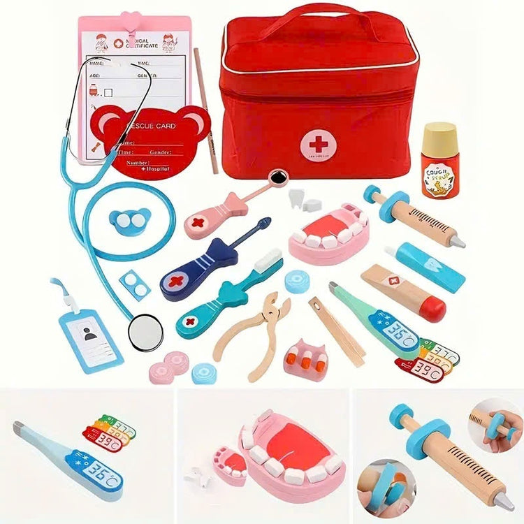 Wooden Doctor Kit with Carrying Bag, Easy to Carry, Safe for Ages 3+