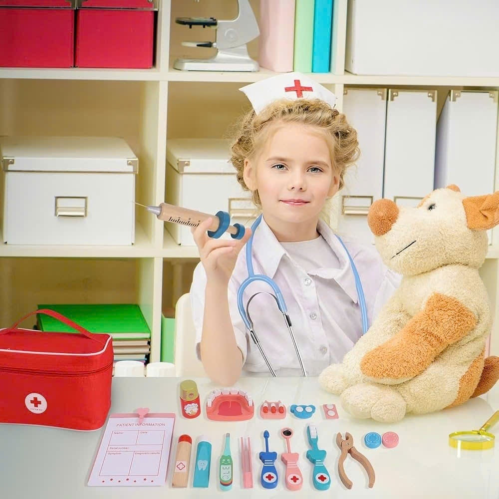 Wooden Doctor Kit with Carrying Bag, Easy to Carry, Safe for Ages 3+