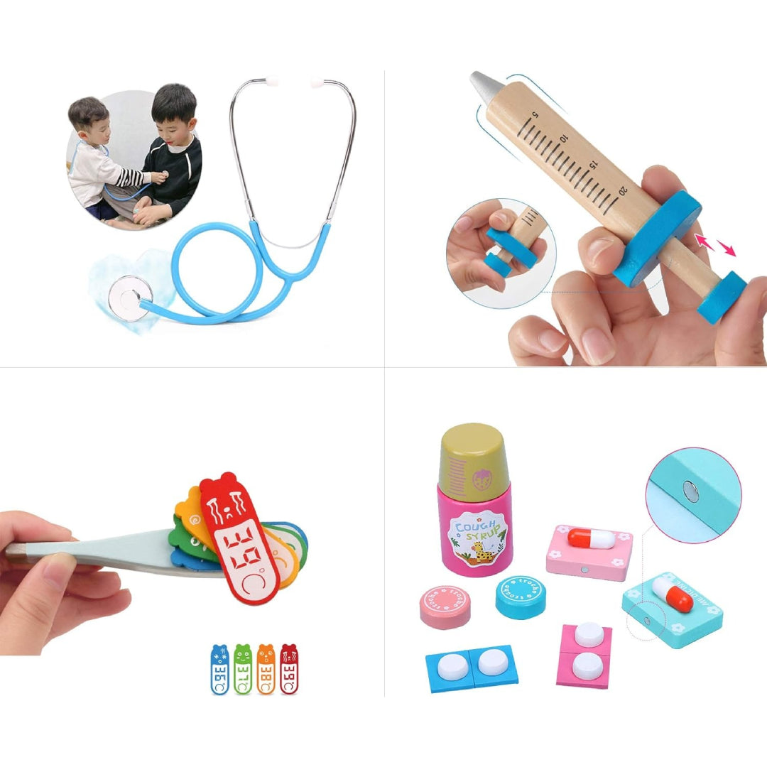 Wooden Doctor’s Play Set - Complete Medical Kit, Realistic Tools, Sound Effect, Safe for Ages 3+