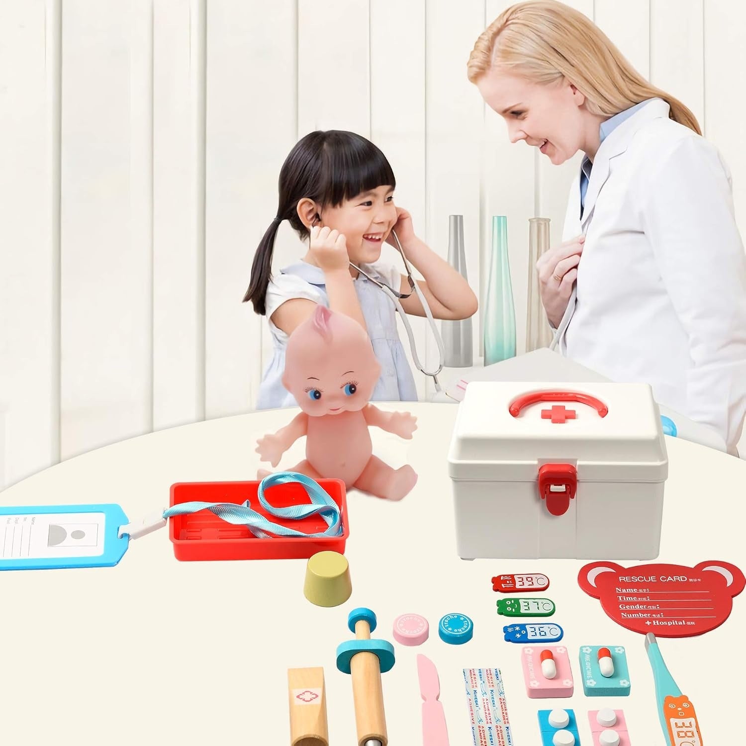 Wooden Doctor’s Play Set - Complete Medical Kit, Realistic Tools, Sound Effect, Safe for Ages 3+