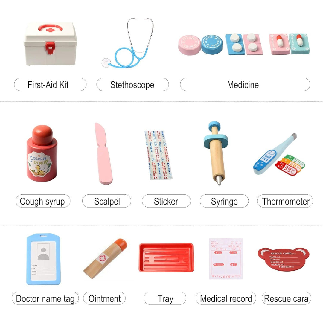 Wooden Doctor’s Play Set - Complete Medical Kit, Realistic Tools, Sound Effect, Safe for Ages 3+