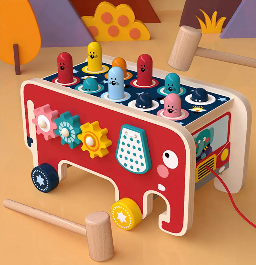 Wooden Elephant Whack-a-Mole Toy with Gears, Bead Counter, Pull Toy Feature, Safe for Ages 3+