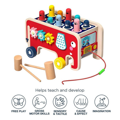 Wooden Elephant Whack-a-Mole Toy with Gears, Bead Counter, Pull Toy Feature, Safe for Ages 3+