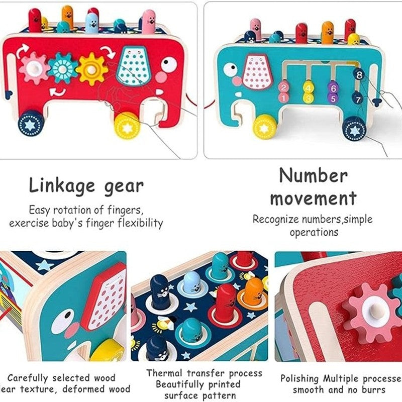 Wooden Elephant Whack-a-Mole Toy with Gears, Bead Counter, Pull Toy Feature, Safe for Ages 3+