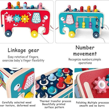 Wooden Elephant Whack-a-Mole Toy with Gears, Bead Counter, Pull Toy Feature, Safe for Ages 3+
