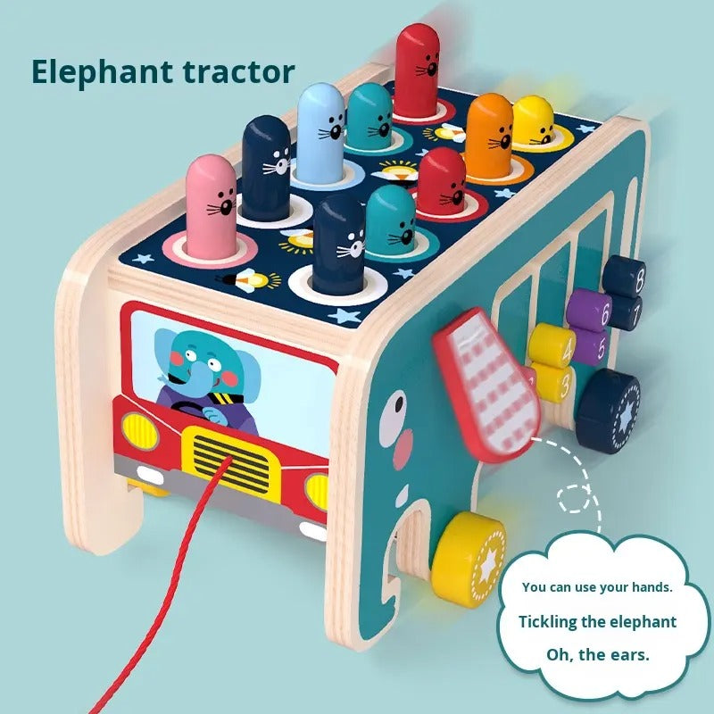 Wooden Elephant Whack-a-Mole Toy with Gears, Bead Counter, Pull Toy Feature, Safe for Ages 3+