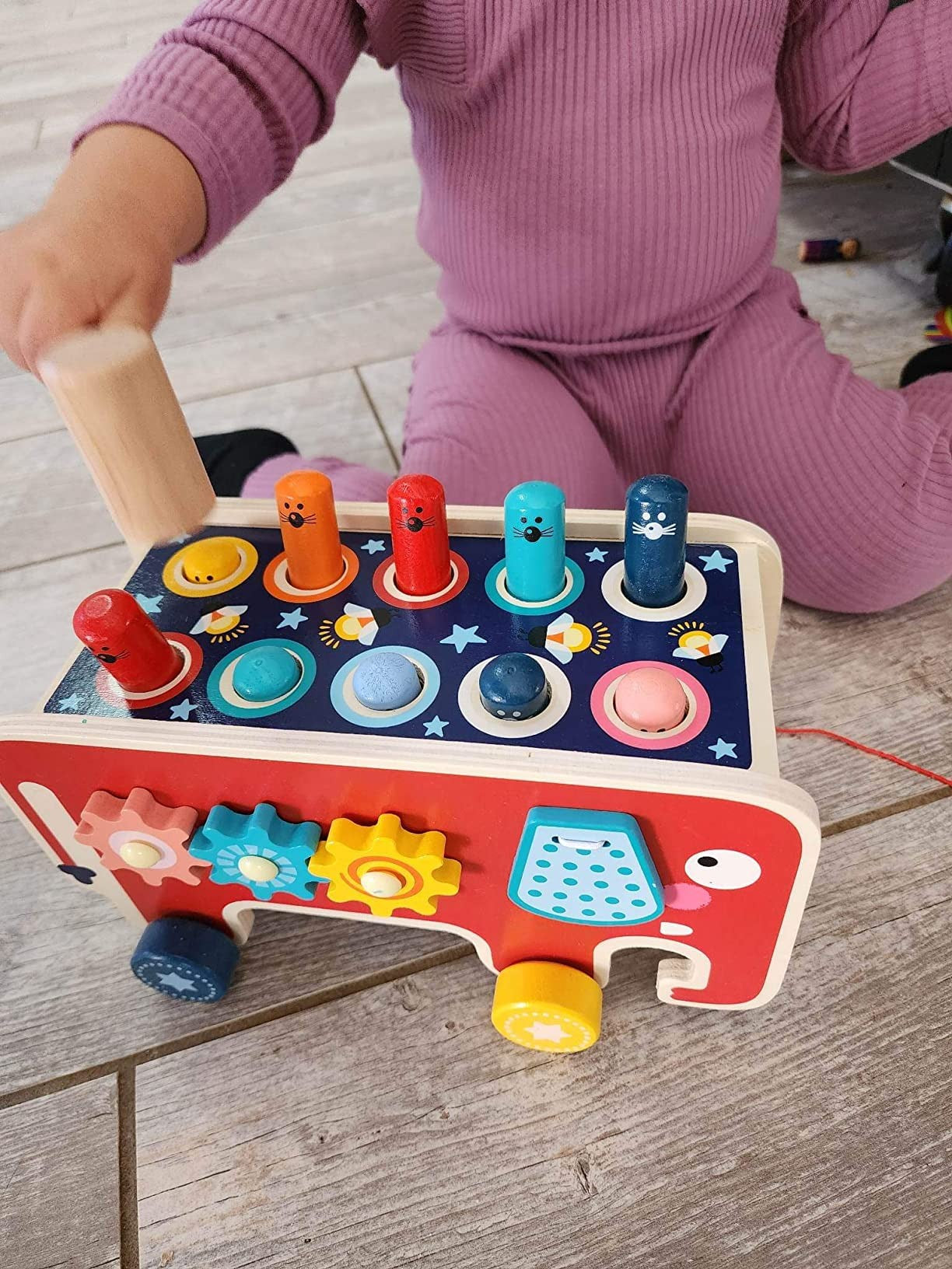 Wooden Elephant Whack-a-Mole Toy with Gears, Bead Counter, Pull Toy Feature, Safe for Ages 3+