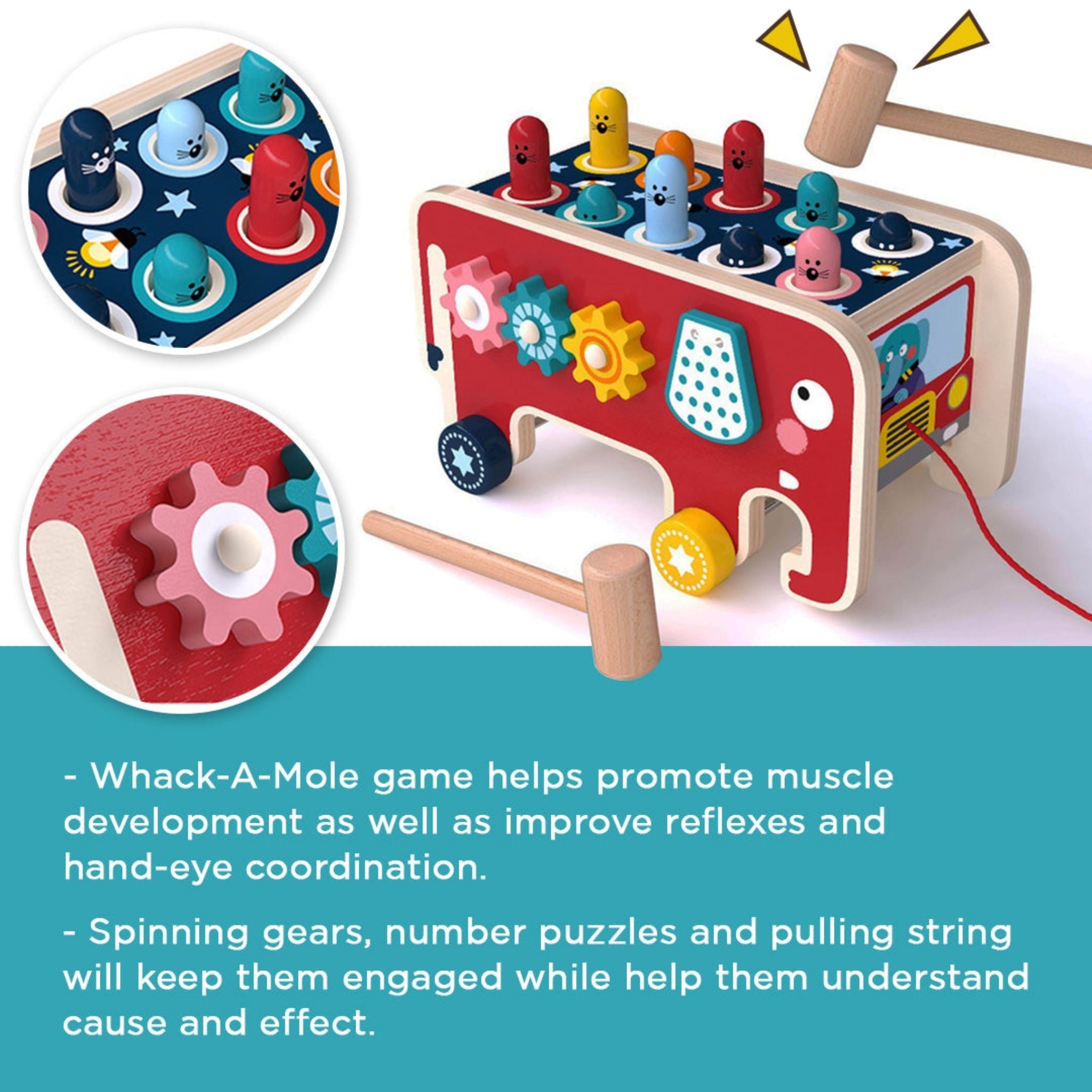 Wooden Elephant Whack-a-Mole Toy with Gears, Bead Counter, Pull Toy Feature, Safe for Ages 3+