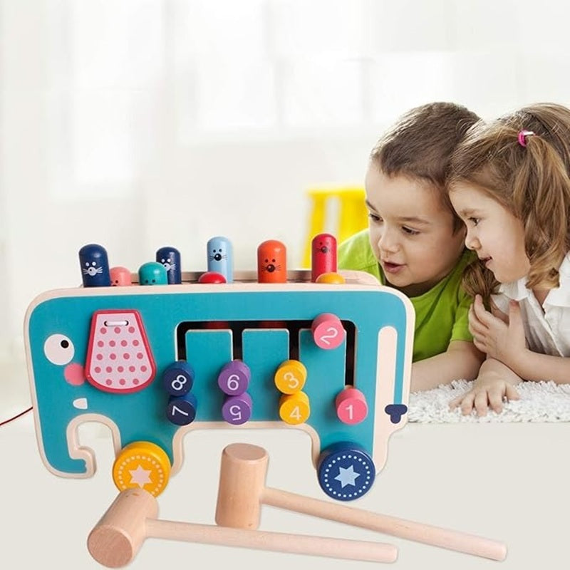 Wooden Elephant Whack-a-Mole Toy with Gears, Bead Counter, Pull Toy Feature, Safe for Ages 3+
