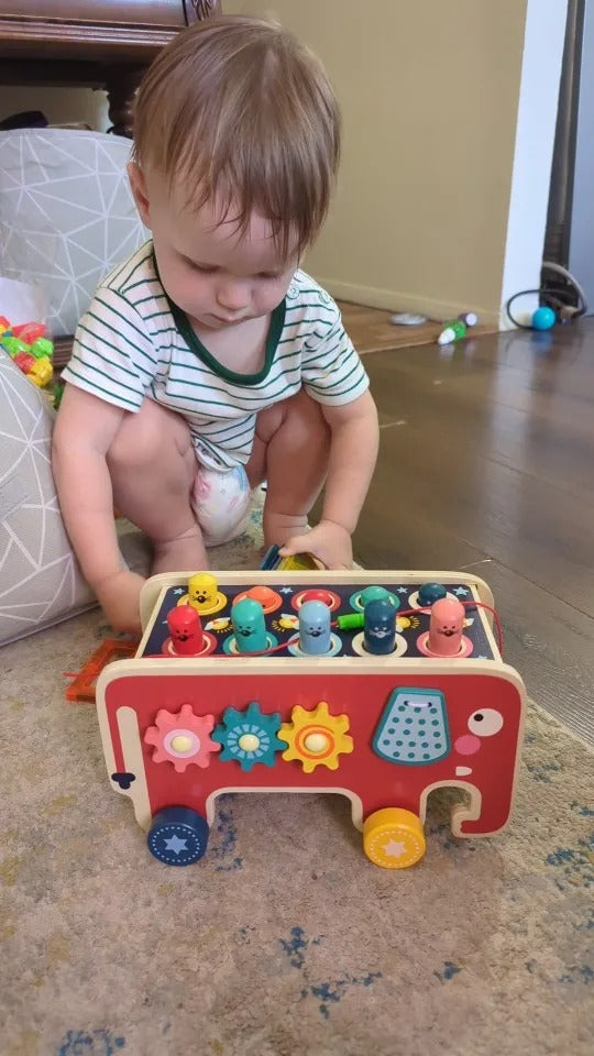 Wooden Elephant Whack-a-Mole Toy with Gears, Bead Counter, Pull Toy Feature, Safe for Ages 3+