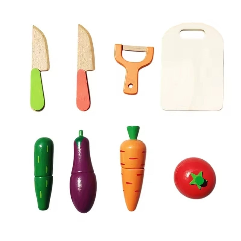 Wooden Fruit Vegetable Toys with Multiple, Cuttable Pieces, Simulating Kitchen - Safe for Ages 3+