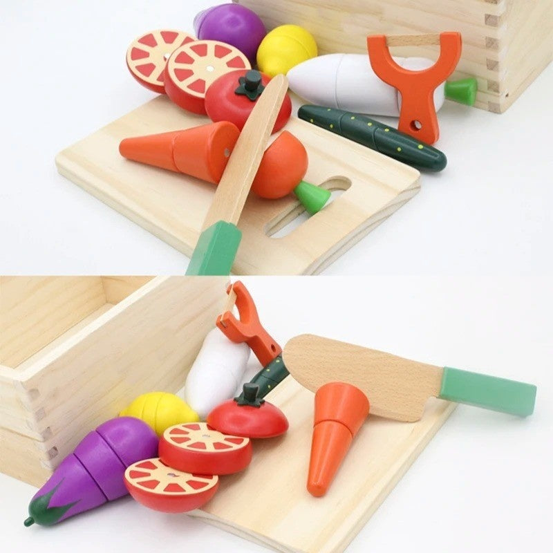 Wooden Fruit Vegetable Toys with Multiple, Cuttable Pieces, Simulating Kitchen - Safe for Ages 3+