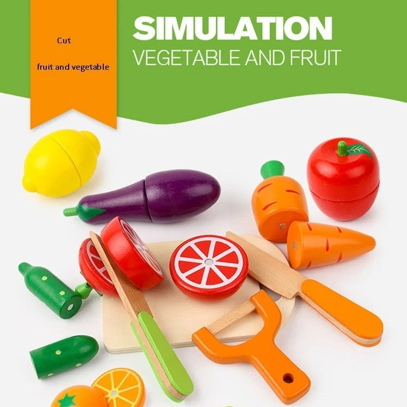 Wooden Fruit Vegetable Toys with Multiple, Cuttable Pieces, Simulating Kitchen - Safe for Ages 3+