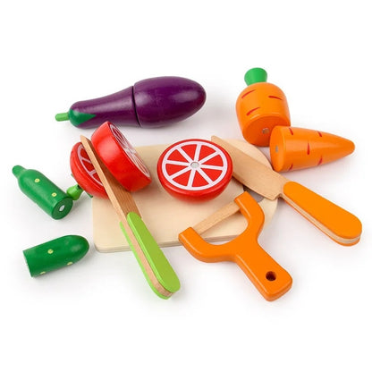 Wooden Fruit Vegetable Toys with Multiple, Cuttable Pieces, Simulating Kitchen - Safe for Ages 3+