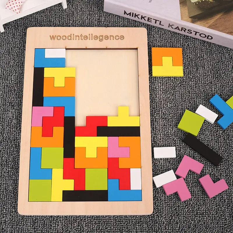 Wooden Puzzle Game with Colorful Shapes, Safe Wooden Material, Perfect Ages 3+