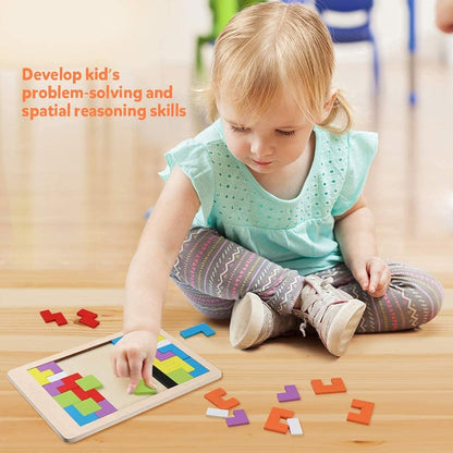 Wooden Puzzle Game with Colorful Shapes, Safe Wooden Material, Perfect Ages 3+