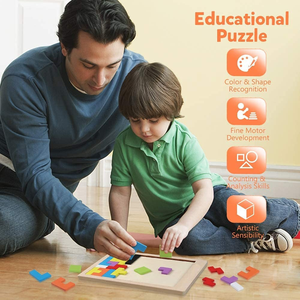 Wooden Puzzle Game with Colorful Shapes, Safe Wooden Material, Perfect Ages 3+
