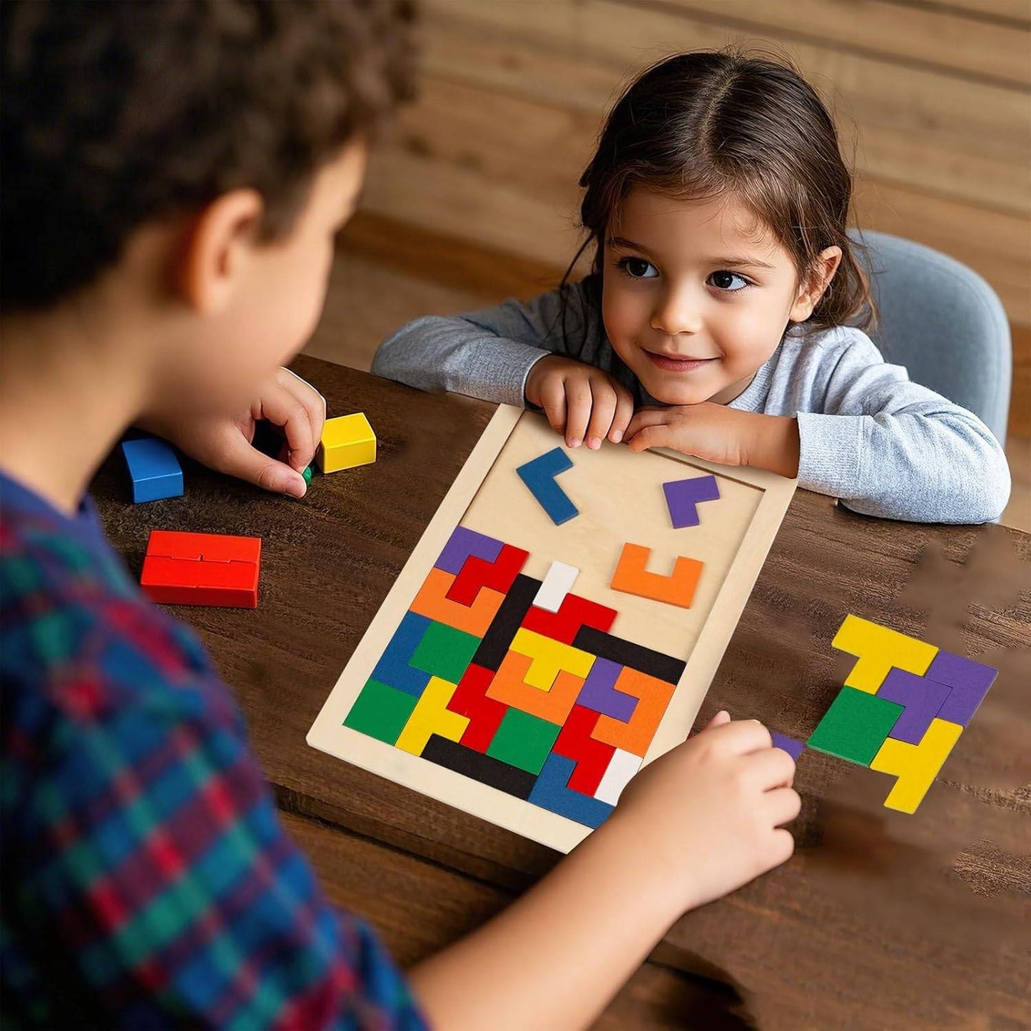 Wooden Puzzle Game with Colorful Shapes, Safe Wooden Material, Perfect Ages 3+