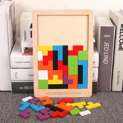 Wooden Puzzle Game with Colorful Shapes, Safe Wooden Material, Perfect Ages 3+
