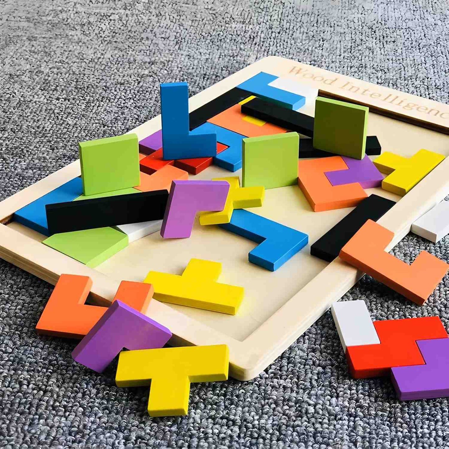 Wooden Puzzle Game with Colorful Shapes, Safe Wooden Material, Perfect Ages 3+