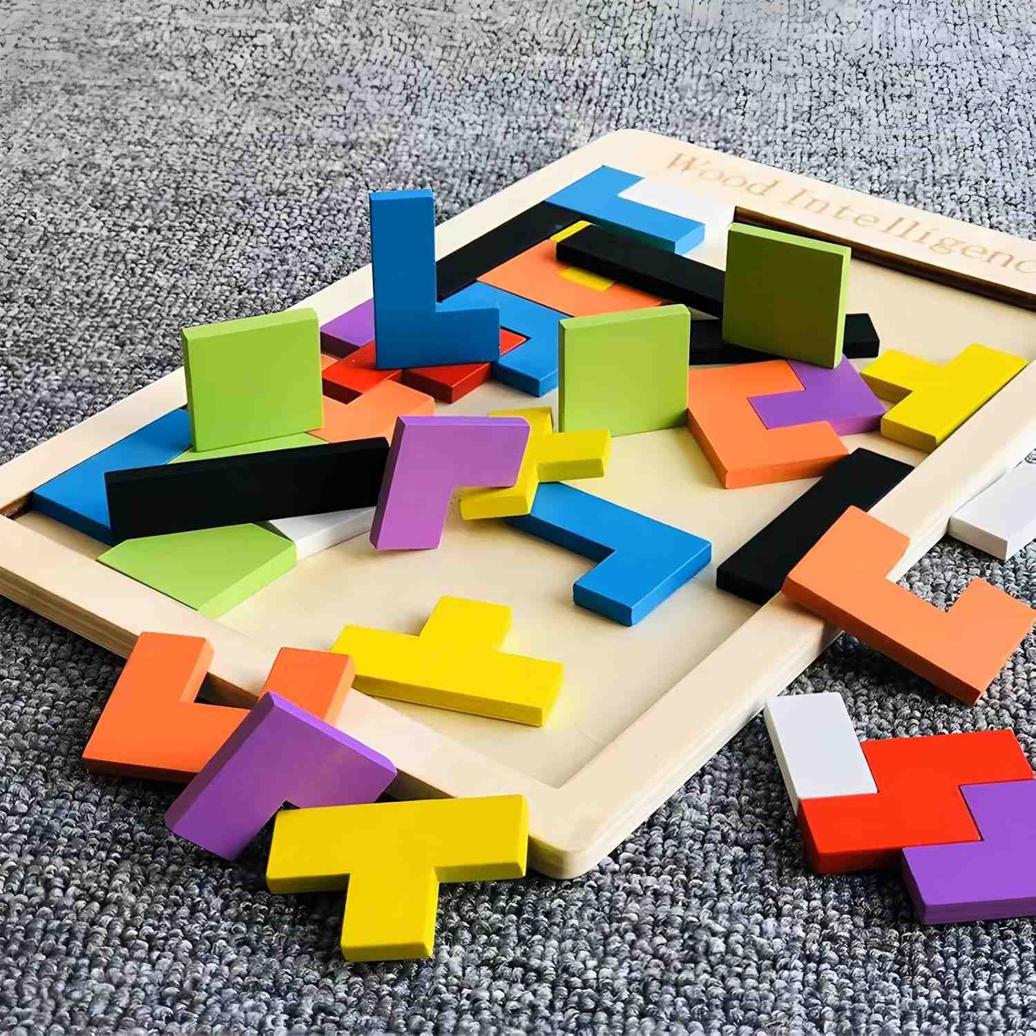 Wooden Puzzle Game with Colorful Shapes, Safe Wooden Material, Perfect Ages 3+