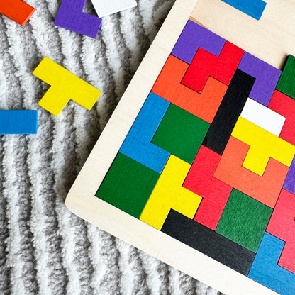 Wooden Puzzle Game with Colorful Shapes, Safe Wooden Material, Perfect Ages 3+