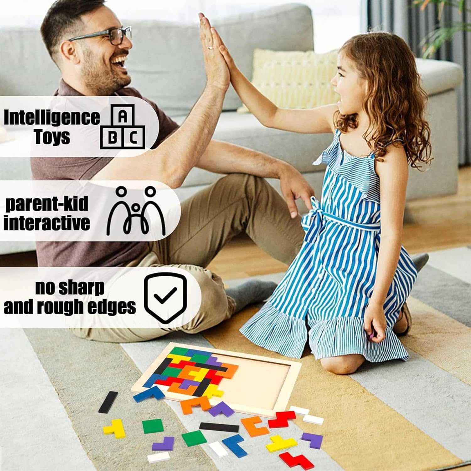 Wooden Puzzle Game with Colorful Shapes, Safe Wooden Material, Perfect Ages 3+